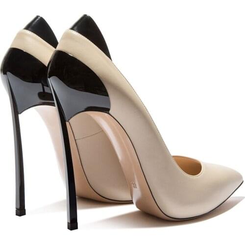 Fashion Patchwork Leather Blade Heels Pumps Woman Pointed Toe Mixed Colors Metal High Heels Slip On Wedding Dress Shoes