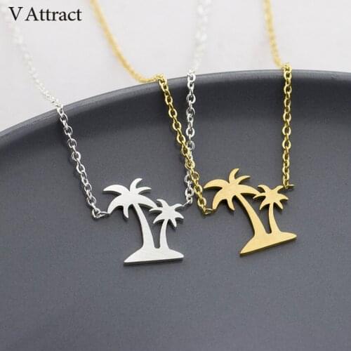V Attract Beach Double Palm Tree Necklace Women Men Jewelry Stainless Steel Ketting Vacation Choker Best Friends Collier Femme