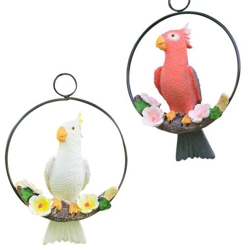 Vivid Hanging Parrot Statue Perch on Metal Ring Birds Model Lawn Ornament Resin Crafts Garden Decor Ring-Perching Bird Sculpture