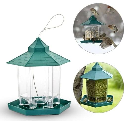 Green Bird Feeder Transparent Hanging Bird Feeder Plastic Bird Food Container Waterproof Window Viewing Pets Feeder Supplies