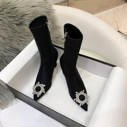 European and American Style Wineglass Heel Womens Ankle Boots 2021 New Elastic Thin Boots Sun Buckle Rhinestone High Heel Boots