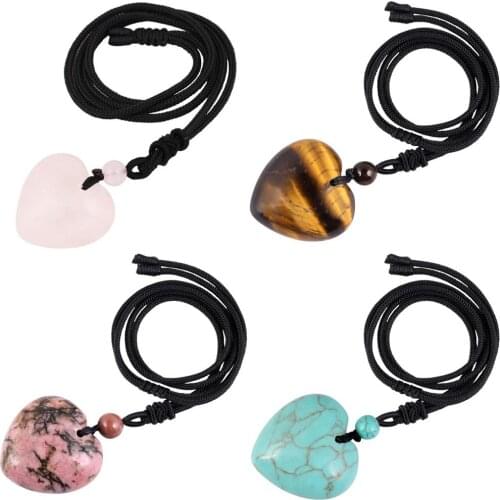 TUMBEELLUWA Healing Reiki Love Heart Gem Stone Pendant Necklaces,Adjustable Hemp Cord Amulet Healing Crystal Jewelry for Women