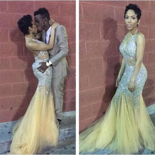 Blingbling Sexy Gold V-neck Beading Prom Dresses Backless Illusion Mermaid Crystals Evening Gowns vestidos de festa