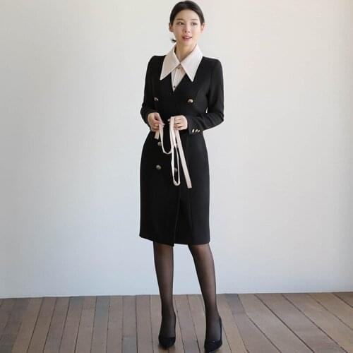 Spring and autumn new casual office womens temperament high-end bow stitching slim slimming high waist dress AL190309