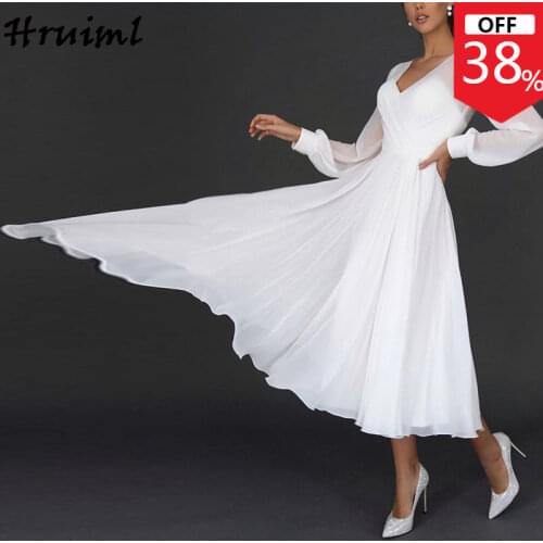 Casual Dresses for Women 2021 Elegant Party Beautiful Long Sleeve Chiffon Dress Summer Big Swing Deep V Neck Evening White Dress