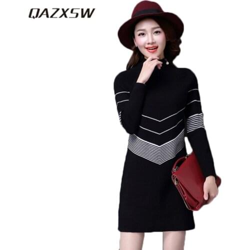 QAZXSW Spring Autumn Women Knitted Dress 2019 New Casual Striped Woolen Dresses Plus Size Women Render Dresses Vestidos HB537