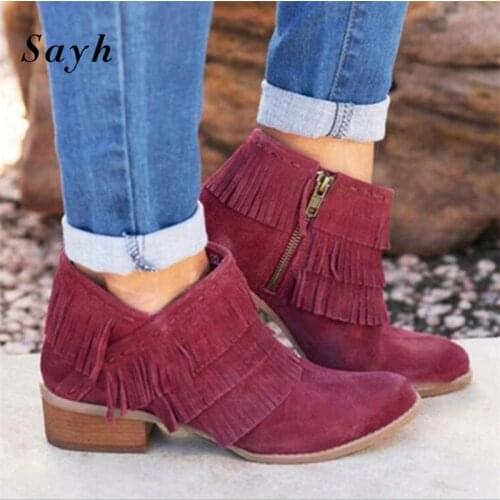 2020 Fashion Women Tassel Chunky Heel Casual Martens Boot Lady Winter Women Retro Boots Western Booties Free Shipping