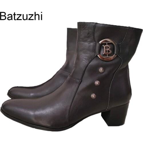 Batzuzhi 7cm High Heels New Men Boots Genuine Leather Boots Men Black/Red Knight Botas Hombre for Party/Wedding! Big Size 38-46