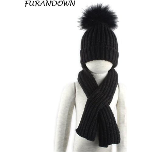 3-10 age Children Real Fur Pompom Winter Warm Hats For Boys Girls Pom Pom Beanie and scarf Cotton Knitted Baby Hat Scarf Set
