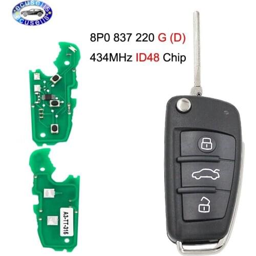 Uncut Flip keyless entry Remote Key fob 3 button 434MHz ID48 Chip for Audi A1 Q3 8P0 837 220 D HU66 uncut blade 8P0837220D