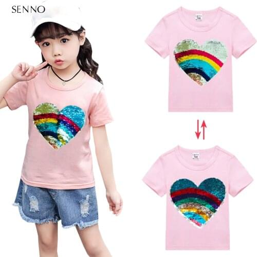 Double Side Reversible Sequin Girls Tee Top Summer Short Sleeve Tops Girl Princess T-shirts Toddler Children Clothing 2-12 Years