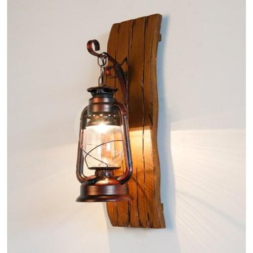 E27 American Country Solid Wood Wall Lamp Wrought Iron Kerosene Lamp Horse Lamp Wood Art Handmade Mediterranean Antique Glass