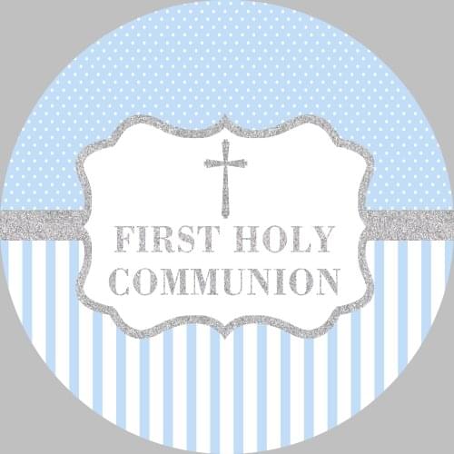 God Bless Circle Backdrop First Holy Communion Baptism Silver Cross Newborn Baby Shower Blue Boy Birthday Round Background
