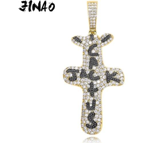 JINAO New Hip Hop Fashion Ice Out Cactus Jack Letters on Necklace & Pendant Bling Cubic Zircon Mens charm jewelry gifts