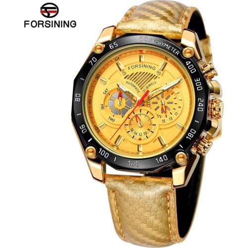 2019 Forsining Top Brand Automatic Mens Watch Red Pointer Mechanical Date Genuine Black Leather Sport Timing Waterproof Watches