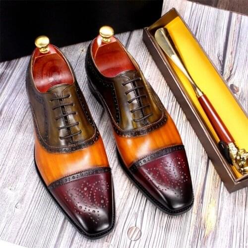 Big Size 38 To 47 Mens Dress Oxford Shoes Cap Toe Genuine Leather Handmade Brogue Wedding Party Formal Shoes for Men 2021 New
