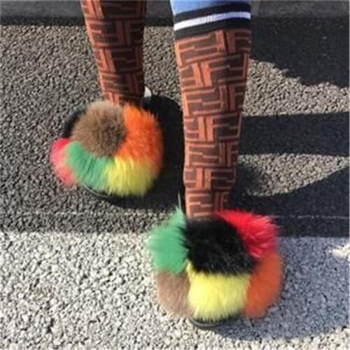Soft Fluffy Real Fox Fur Slides Women Summer Furry Slipper Amazing Shoes Plush Slides Fuzzy Flip Flops Fluffy Raccoon Fur Slides