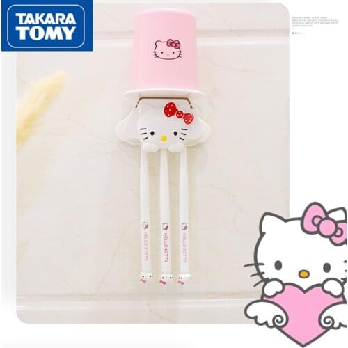 TAKARA TOMY Cute Cartoon Hello Kitty Toothbrush Holder Suction Wall Wall Free Punch Wash Mouth Cup Holder Set