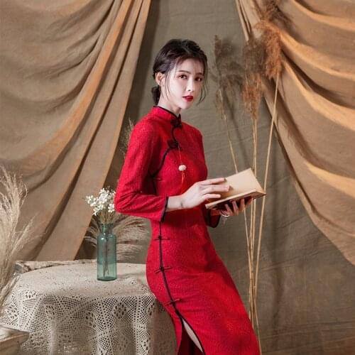 2020 New Improved Lace Pendant Thin Velvet Cheongsam Chinese Slim Long Style Retro Lace Classic Modern Qipao Китайское платье