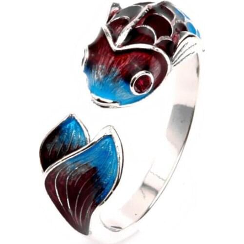 Sole Memory Colored Drip Glaze Carp Fish Good Luck Original 925 Sterling Silver Female Resizable Opening Rings SRI588