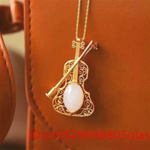 Natural Hetian Jade Violin Pendant Necklace Gifts for Amulet Fashion Chalcedony 925 Silver Jewelry Women