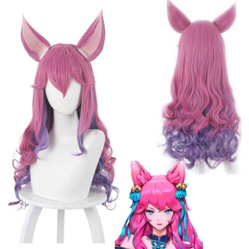 Game LOL Cosplay Ahri Spirit Blossom Costume Wigs Ears Women Fox Purple White Heat Resistant Synthetic Long Hair Wig C72K203