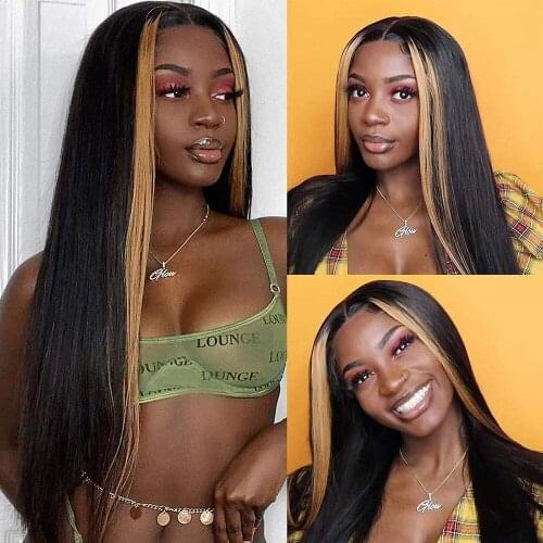 Blonde and Black Human Hair Wigs Highlight Yaki Straight 4x4 Lace Closure Wig Brazilian Remy Yaki Middle Part Lace Frontal Wig