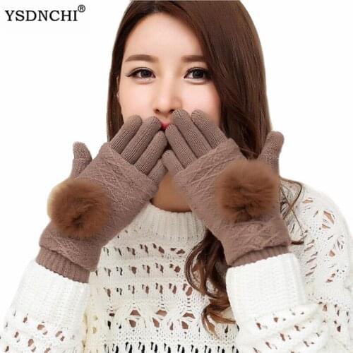 YSDNCHI Winter Touched Screen Women Gloves Women Thicken Double Knit Wool Warm Rabbit Fur Mittens Outdoor Finger Ski Glove