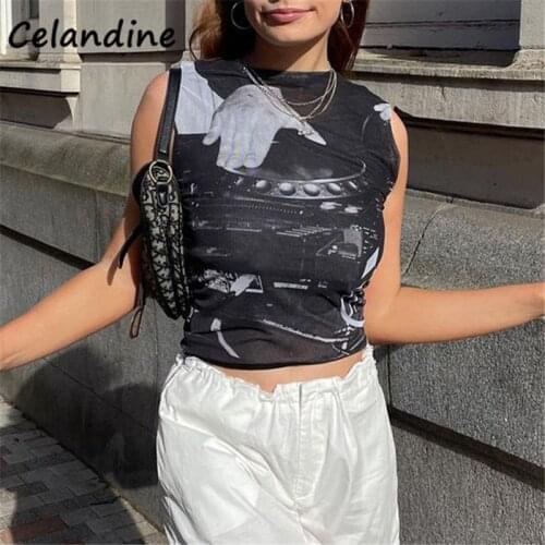 Celandine Y2K Casual O Neck Sleevless Crop T Shirt Tops Women Summer 2021 Mesh Print Mini Skinny Green E Girls 90s Basic T Shirt