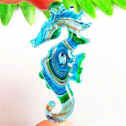 Carved Blue Green Lampwork Glass Sea Horse Pendant Bead