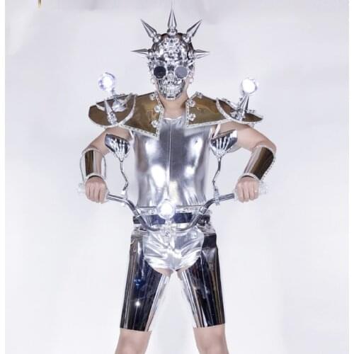 Halloween stage performance space silver Mirror led clothes conical armor costume motobike man led costumes