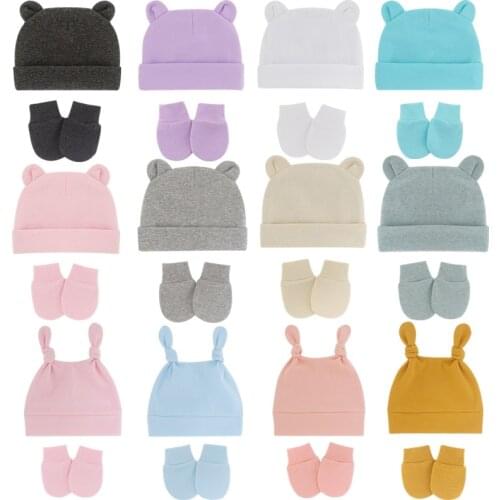 1 Set Newborn Baby Cotton Beanies Cap Hospital Hat and Mittens Set Anti Scratching Protection Baby Gloves Warm Baby Hat