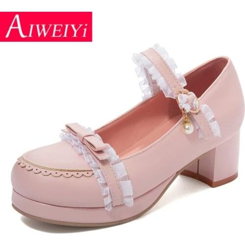 Woman High Heels Shoes Lace Bow tie Platform Pumps Simple Style Buckle Strap Cosplay Lolita Shoes Uniform Pumps