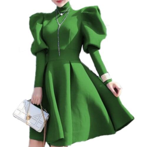 Spring autumn vintage puff sleeve princess dress women high collar slim a-line paerty dress