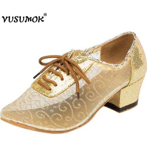 VUSUMOK Ballroom Tango Latin Dance Shoes velvet net Girls Latin Shoes ow Square Heels Professional Dancesport Plugs size33-43