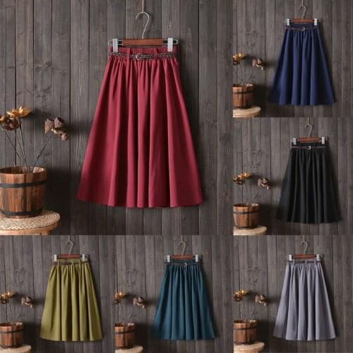 Hirigin 2019 Fashion New Women Skirt Vintage Stretch High Waist Knee-Length Pleated Skirts with Belts Streetwear Solid Color