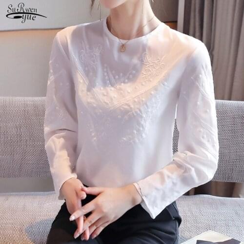 Autumn Fashion Embroidery Delicate Ladies Shirt White Pullover Fairy Solid Blouse Ladies Silk Comfort Elegant Blouse Women 16115