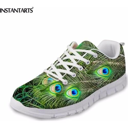INSTANTARTS Student Youth Girl Mesh Lace UP Flats Shoes Green Feather Printing Women Casual Light Shoes Fashion Design Sneakers