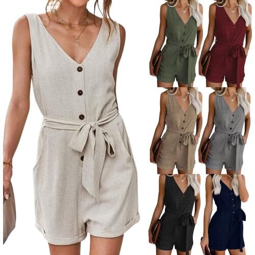 VS&LLWQ Women Jumpsuits V-neck Single Breasted High Waist Band Casual Cotton Sleeveless Summer Jumpsuit 2021