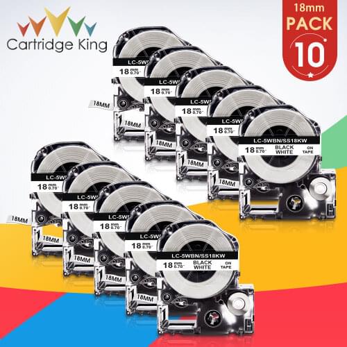 10PCS Black on White Label Tape SS18KW LC-5WBN 18mm Ribbon Compatible for Epson LabelWorks LW-C410 LW-400 LW-600P Label Makers