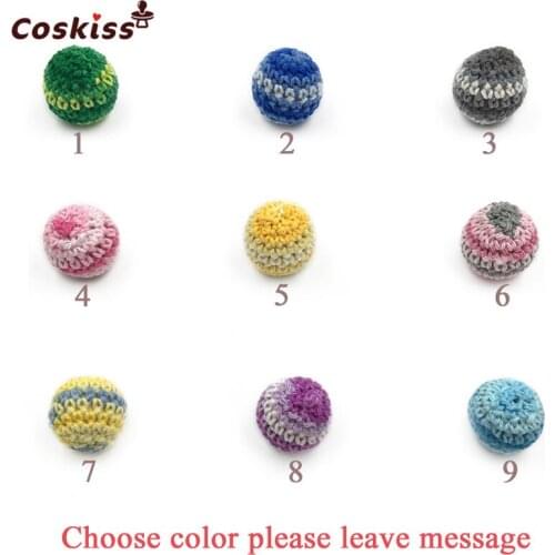 16mm/10pc Round Wooden Crocheted Beads Rainbow color Woolen Teether Bead Necklace Decoration Inside Wooden Teething Crochet Bead