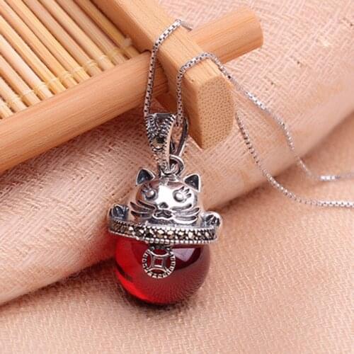 The new 925 Sterling Silver Garnet Necklace lucky dancing meow ethnic fashion jewelry wholesale brand Pendant