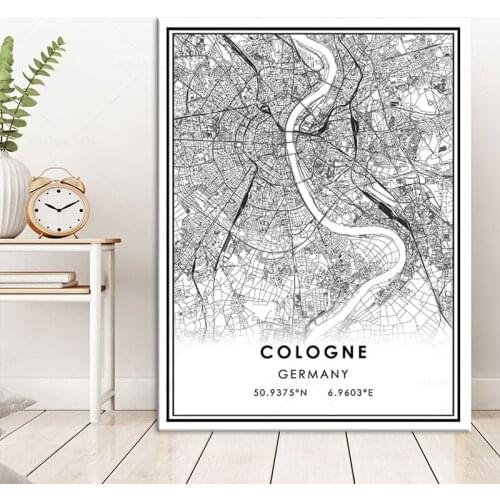 Black and white Posters COLOGNE map wall art canvas painting hd print for Living room Bedroom Bar Cafe Home Decoration framed