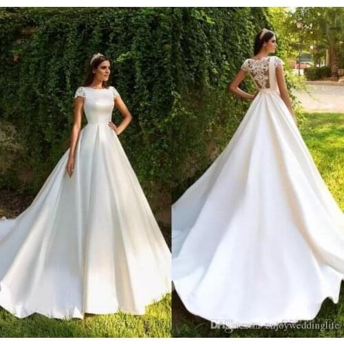 Elegant Capped Sleeves A Line Satin Wedding Dresses Hot Gorgeous Lace Custom Wedding Bridal Gowns Vestidos De Noiva Em Cetim