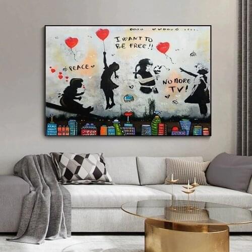 Graffiti Art Little Boy and Little Girl Painting Poster Printmaking HD Pictures Printed on Canvas for Room Home Decor Wall Art