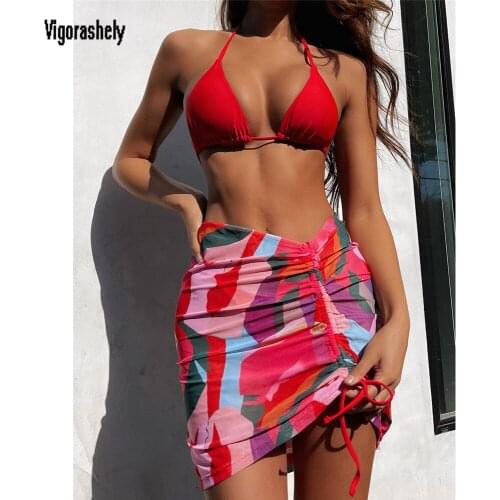 Vigorashely Push Up Halter Swimwear Women Sexy Print 3PCS Bikini Set 2021 Swimsuit Female Skirt Bikini Bathing Suit Beach Wear