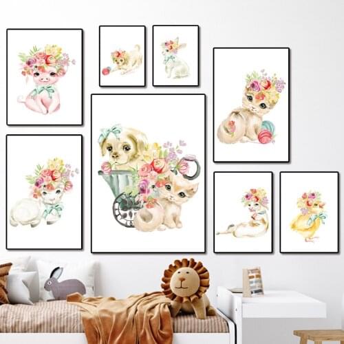 Kawaii Kitten Puppy Piggy Chick Animals Wall Art Canvas Painting Nordic Posters And Prints Wall Pictures Kids Room Nursery Decor