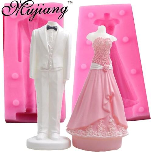 Mujiang 4Pcs/Set 3D Wedding Dress Suit Candle Silicone Resin Clay Soap Mold Fondant Cake Decorating Tools Chocolate Candy Moulds