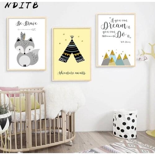 NDITB Tribe Woodland Animal Fox Feather Canvas Art Poster Nursery Print Cartoon Tent Wall Picture for Kids Living Room Decor