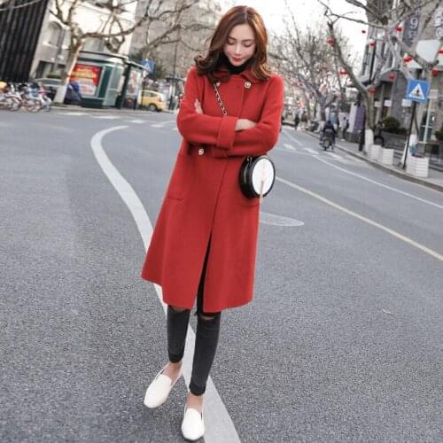 New popular solid color woolen coat female long section Korean version of loose autumn winter woolen black coat coat